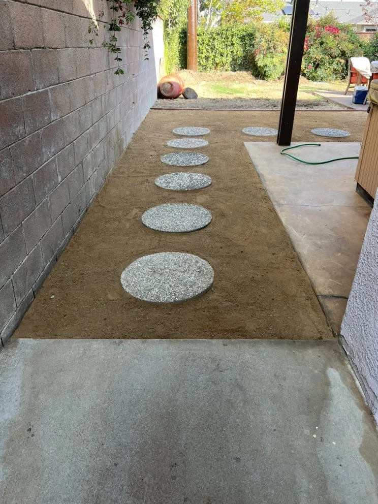 Round stepping stones along a side path